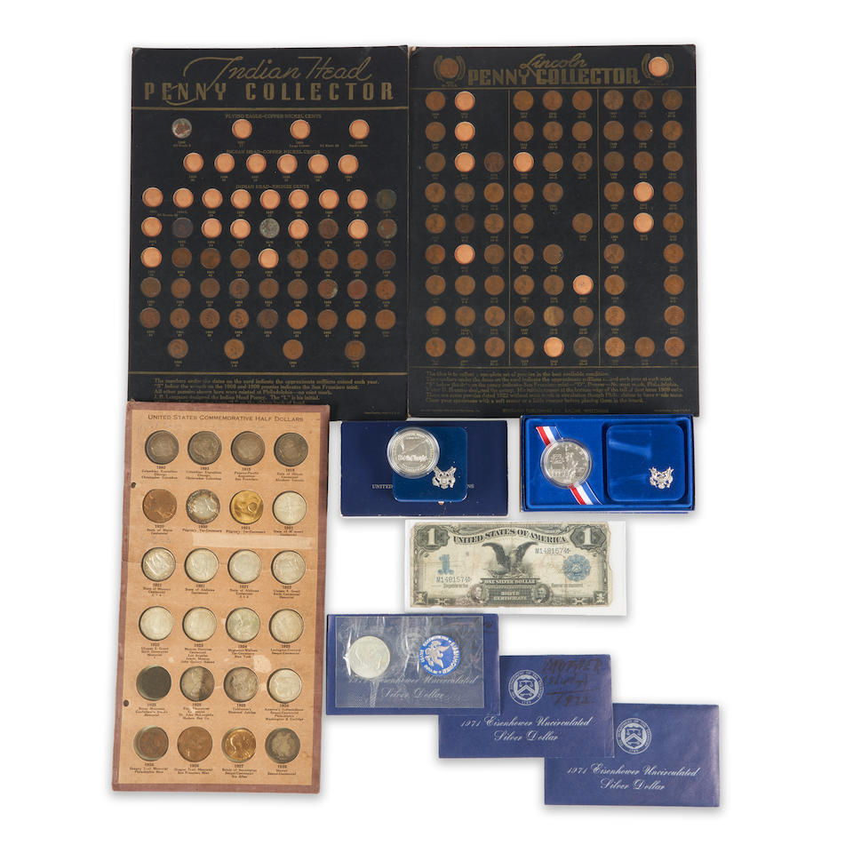 Group of United States Classic Commemorative Coins, British Tokens and Currency.