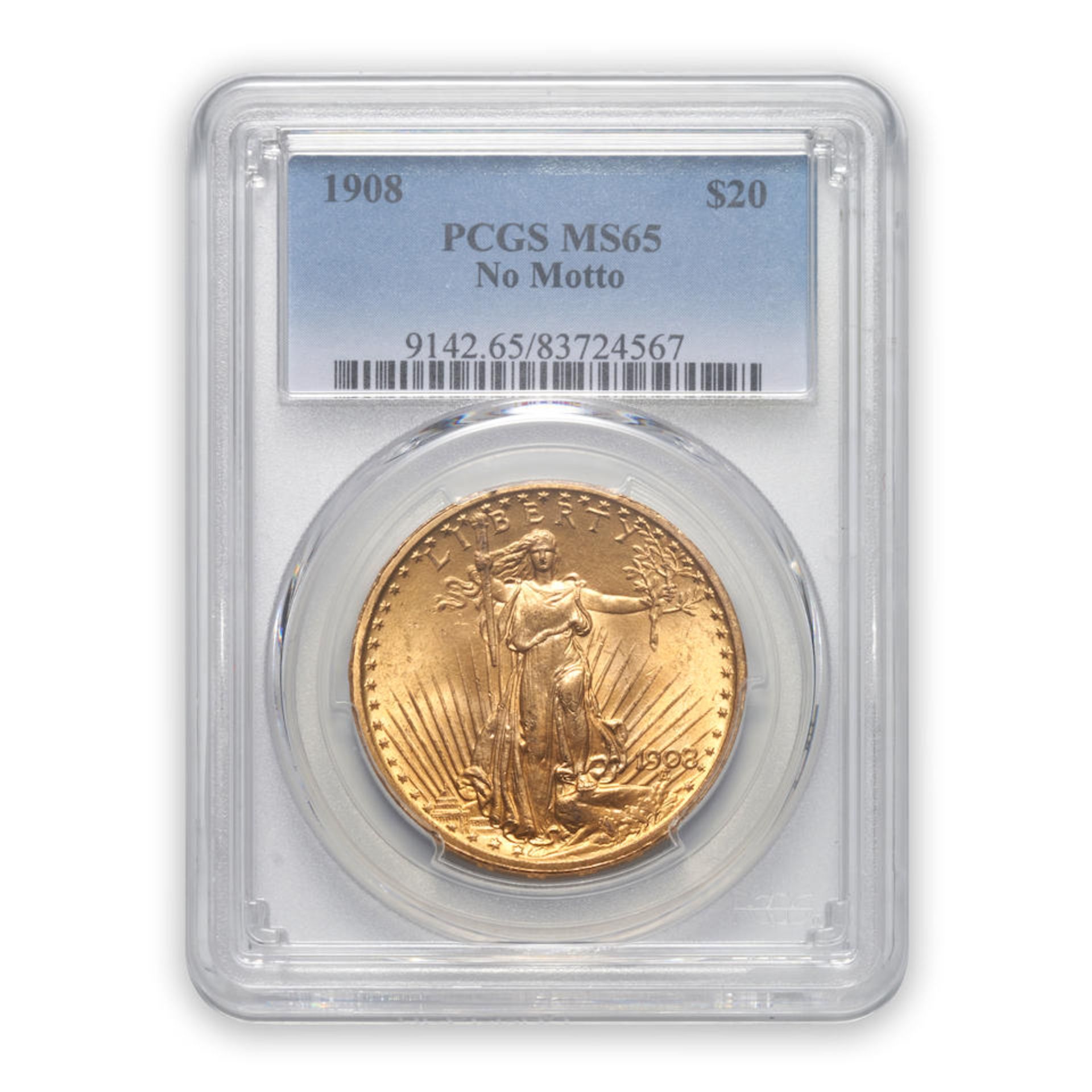 United States 1908 No Motto St. Gaudens $20 Double Eagle Gold Coin.