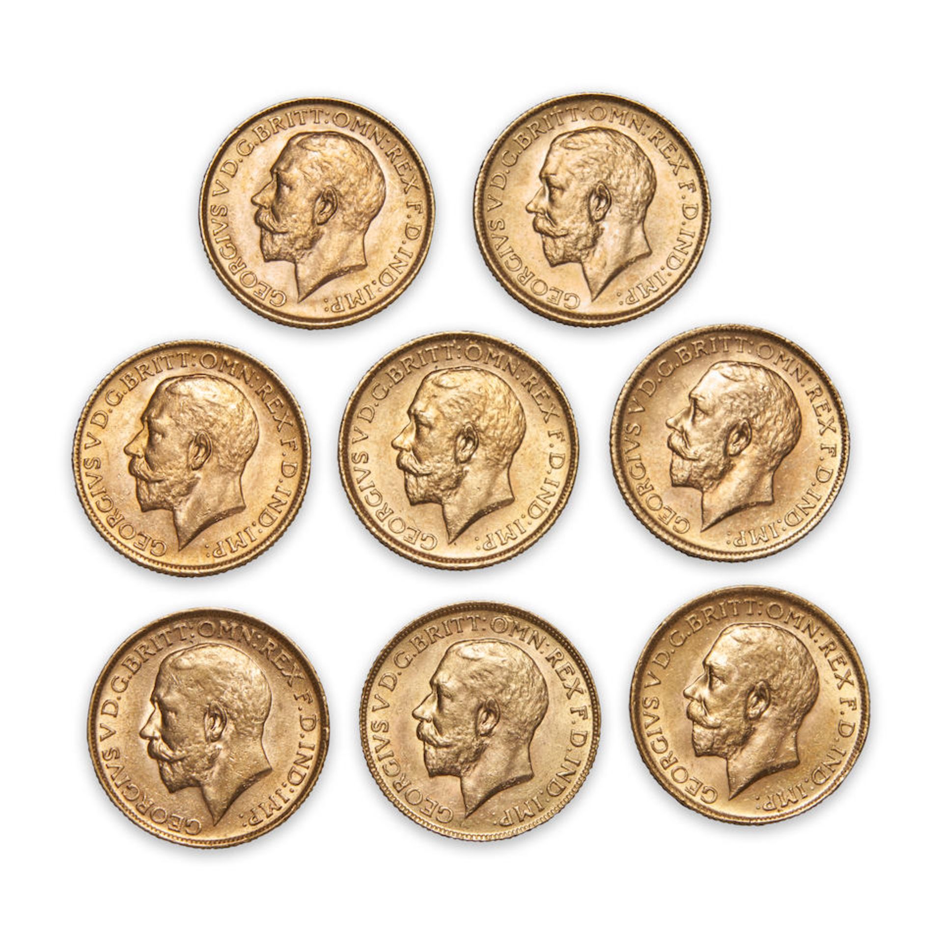 Eight George V Gold Sovereigns.