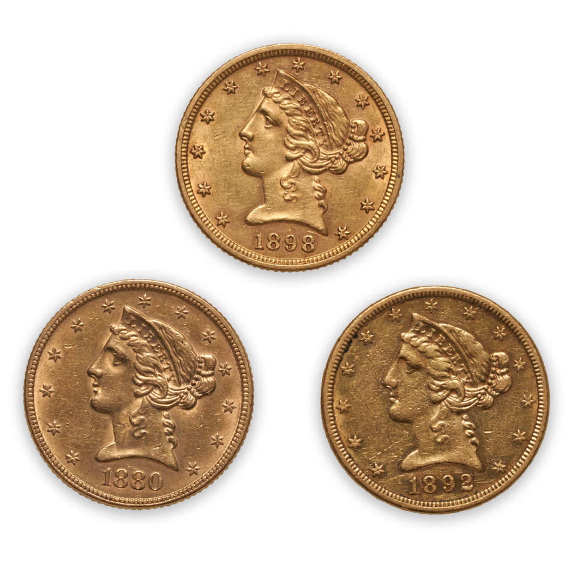 United States Three Liberty Head $5 Half Eagle Gold Coins.