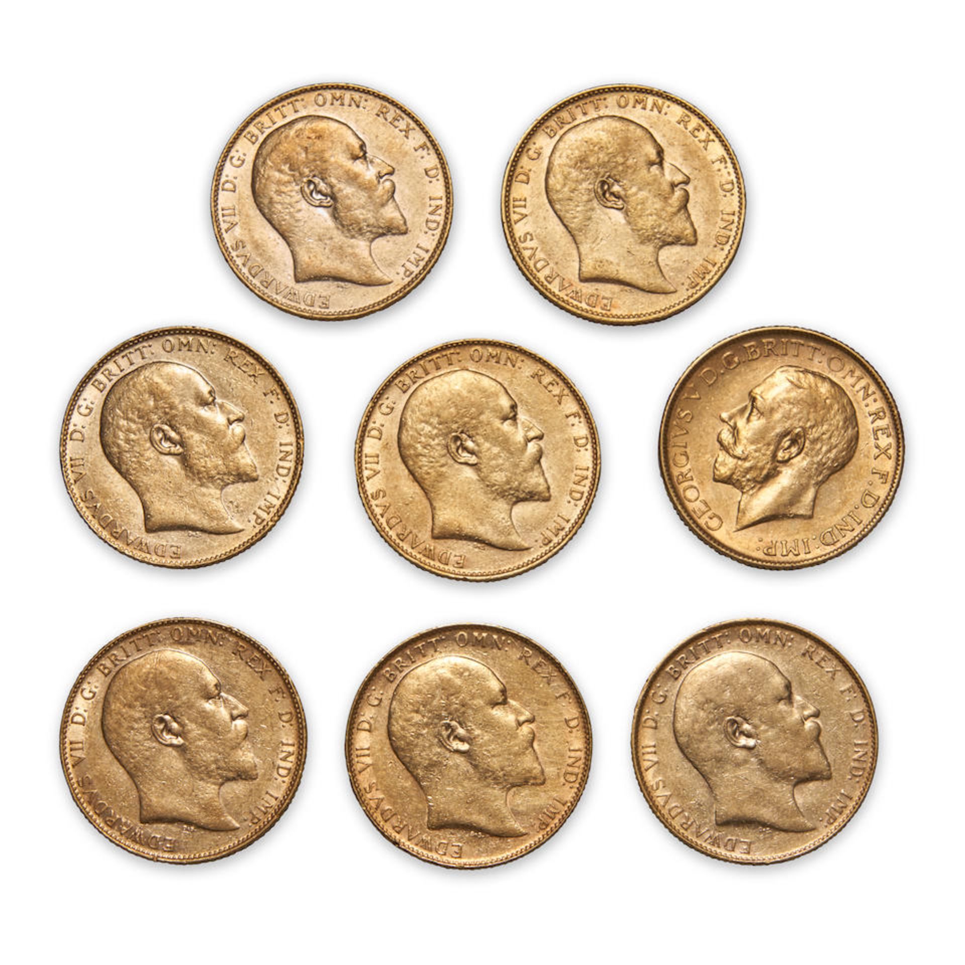 Eight Edward VII and George V Gold Sovereigns.