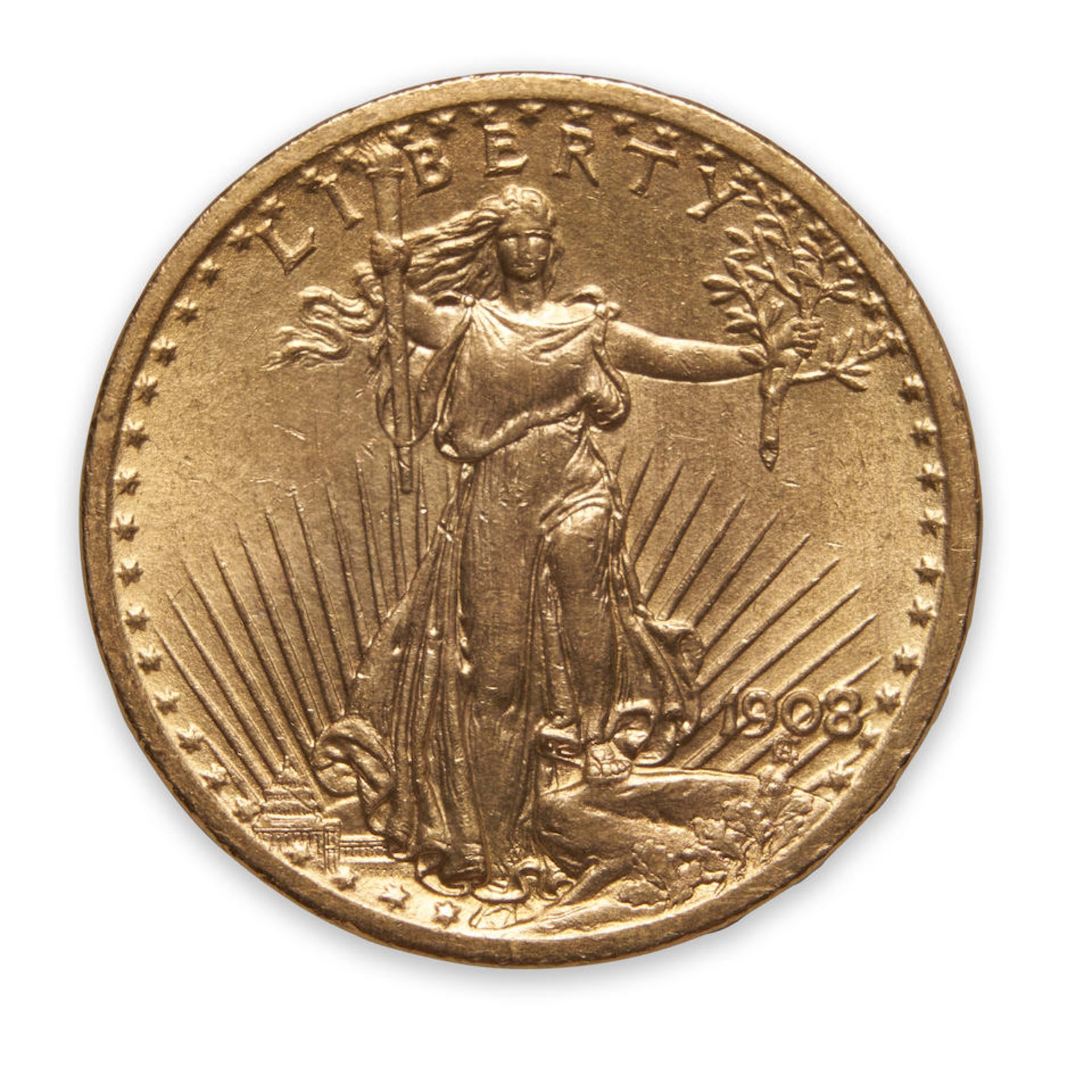 United States 1908 No Motto St. Gaudens $20 Double Eagle Gold Coin.