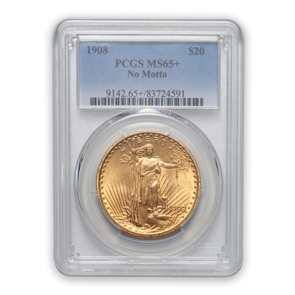 United States 1908 No Motto St. Gaudens $20 Double Eagle Gold Coin.