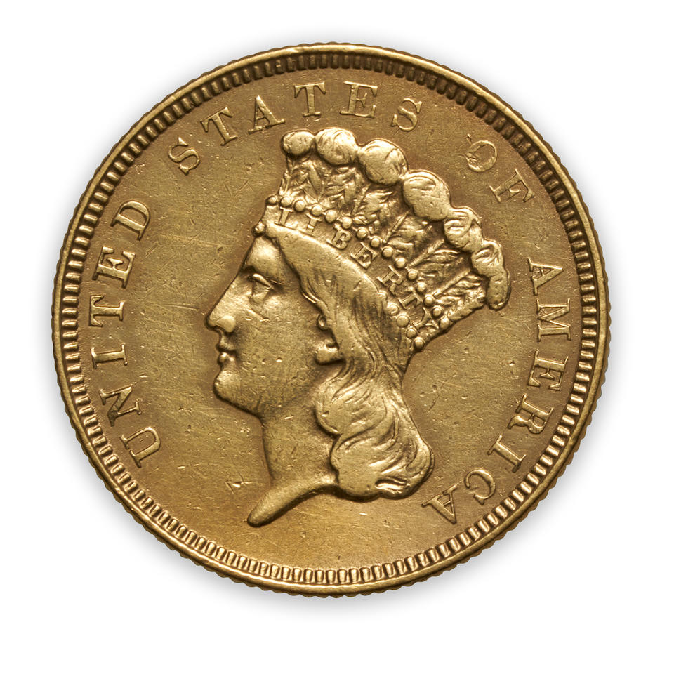 United States 1854-O Indian Head $3 Gold Coin.