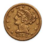 United States 1852-C Liberty Head $5 Half Eagle Gold Coin.