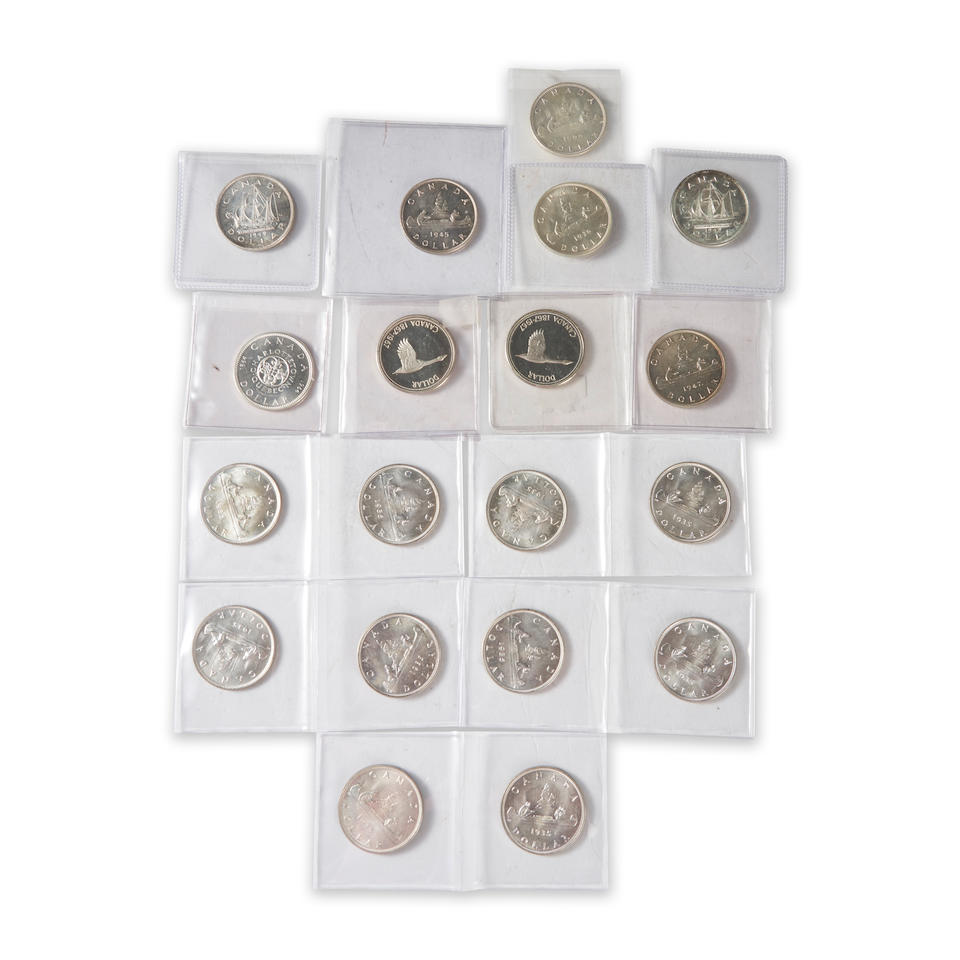 Canada Nineteen Silver Dollar Coins.