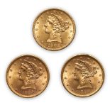 United States Three Liberty Head $5 Half Eagle Gold Coins.