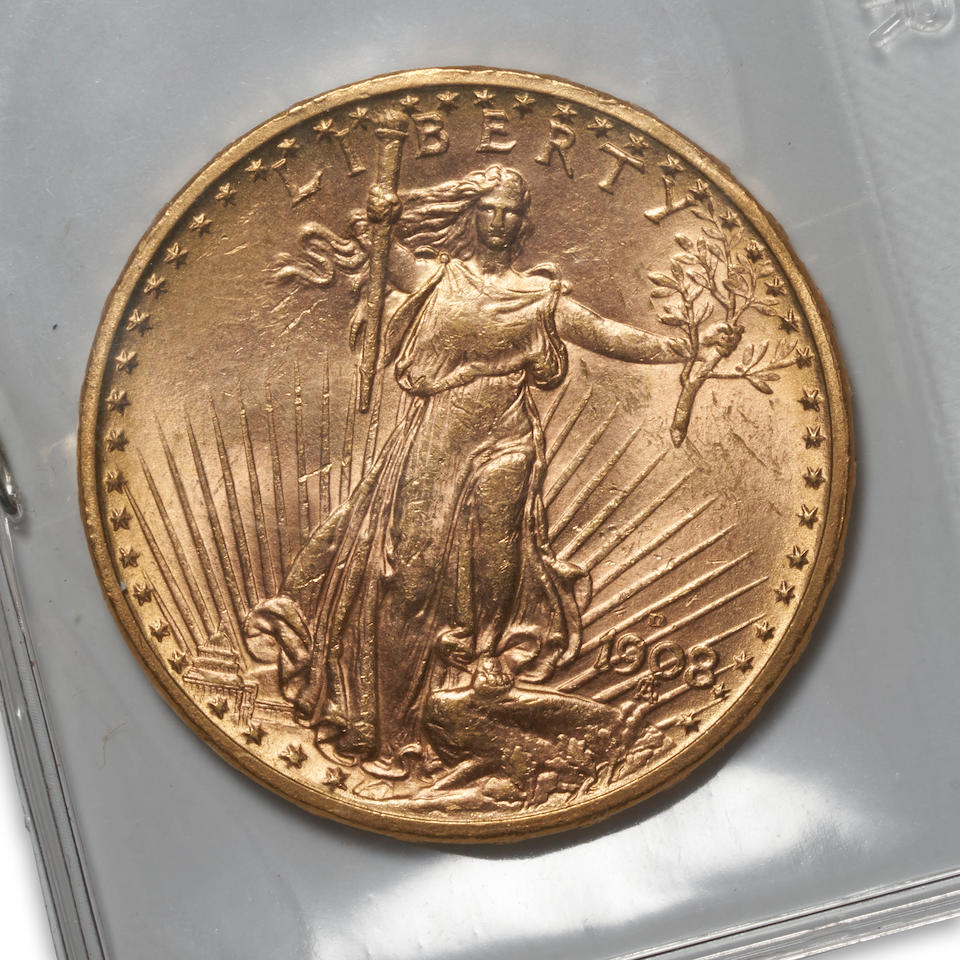 United States 1908 No Motto St. Gaudens $20 Double Eagle Gold Coin.