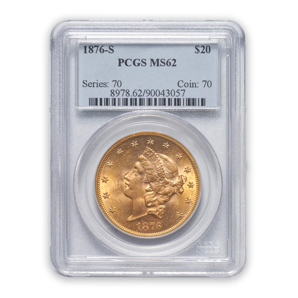 United States 1876-S Liberty Head $20 Double Eagle Gold Coin.