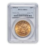 United States 1876-S Liberty Head $20 Double Eagle Gold Coin.