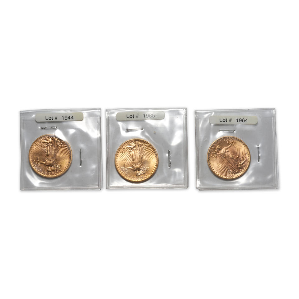 United States Three St. Gaudens $20 Double Eagle Gold Coins.