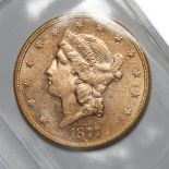 United States 1877-S Liberty $20 Double Eagle Gold Coin.