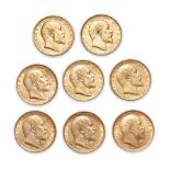 Eight Edward VII Gold Sovereigns.