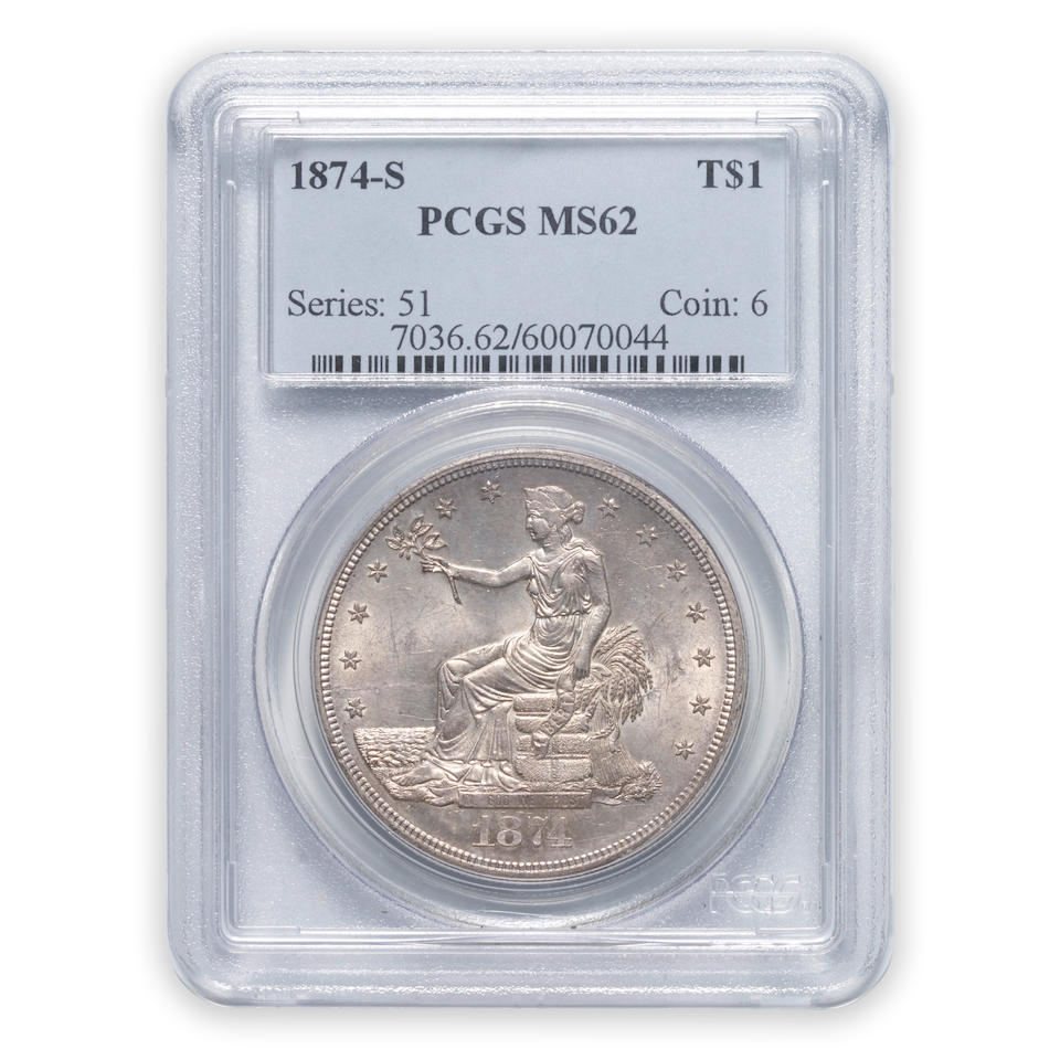 United States 1874-S Trade Dollar.