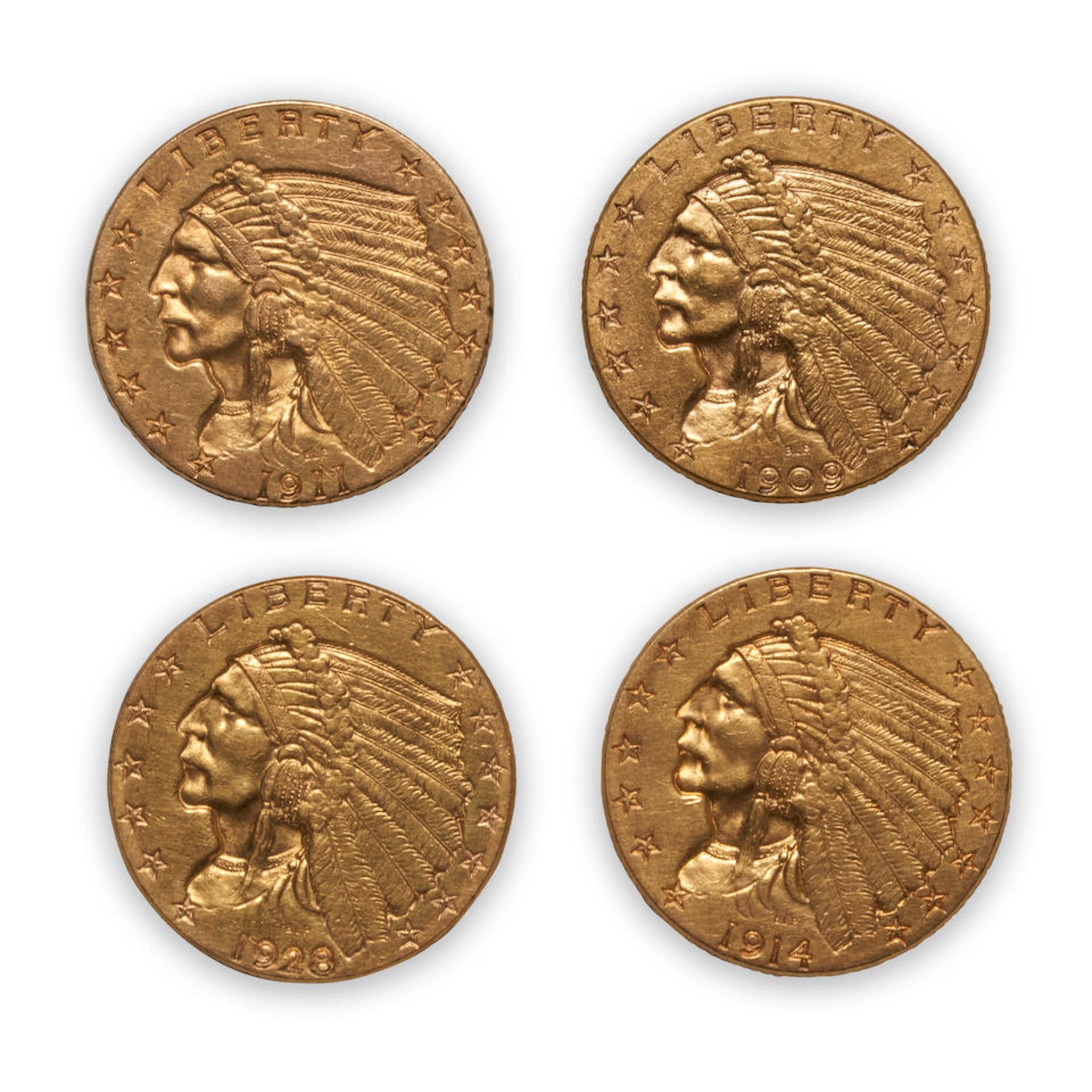 United States Four Indian Head $2.50 Quarter Eagle Gold Coins.