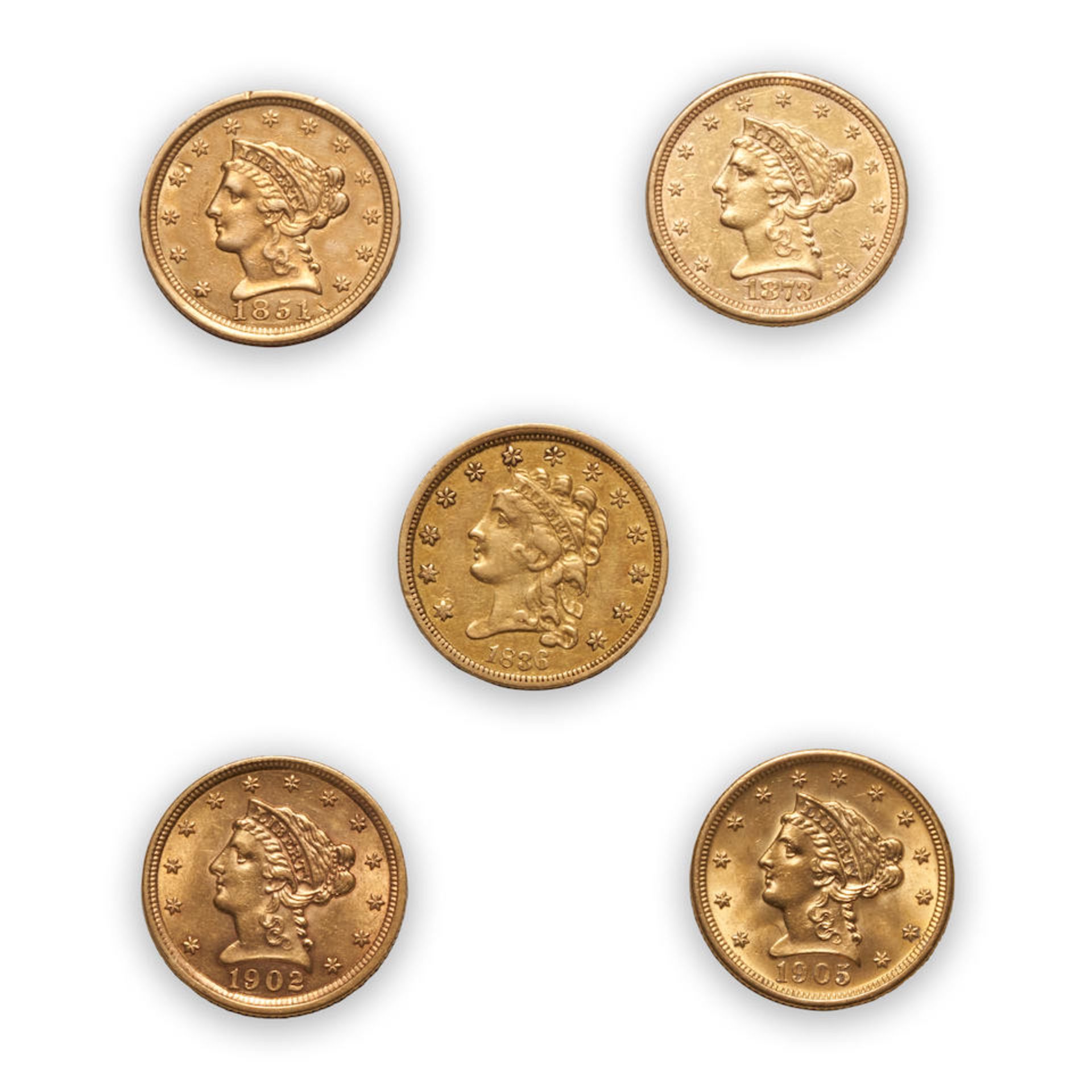 United States Five $2.50 Quarter Eagle Gold Coins.