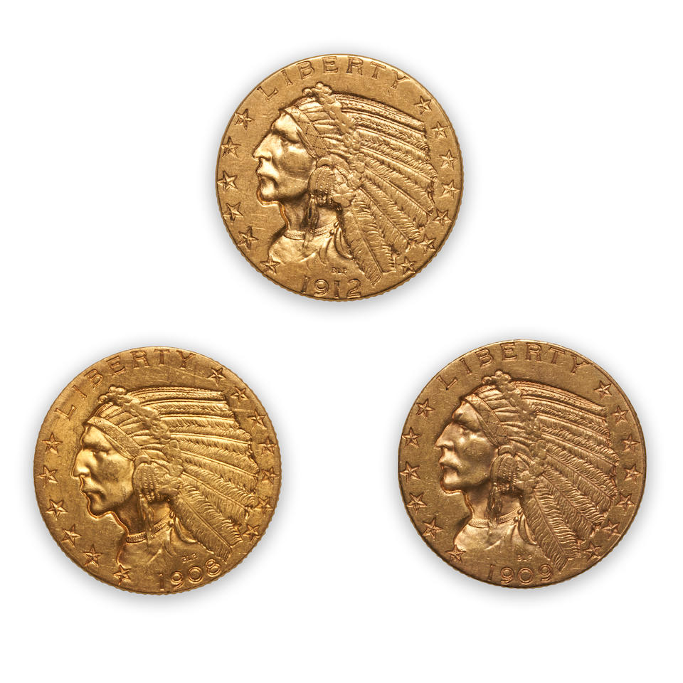 United States Three Indian Head $5 Half Eagle Gold Coins.