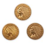 United States Three Indian Head $5 Half Eagle Gold Coins.