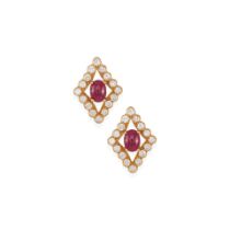 A PAIR OF GOLD, RUBY AND DIAMOND EARCLIPS