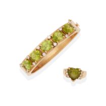 A 14K GOLD, PERIDOT AND DIAMOND BRACELET AND RING