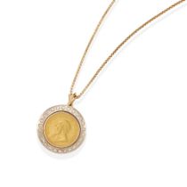A BI-COLOR GOLD, GOLD COIN AND DIAMOND PENDANT NECKLACE