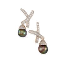 A PAIR OF BI-COLOR GOLD, BAROQUE CULTURED PEARL AND DIAMOND EARCLIPS