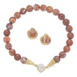 ELIZABETH GAGE: AGATE AND ROCK CRYSTAL BEAD NECKLACE AND EARCLIP SUITE (2)
