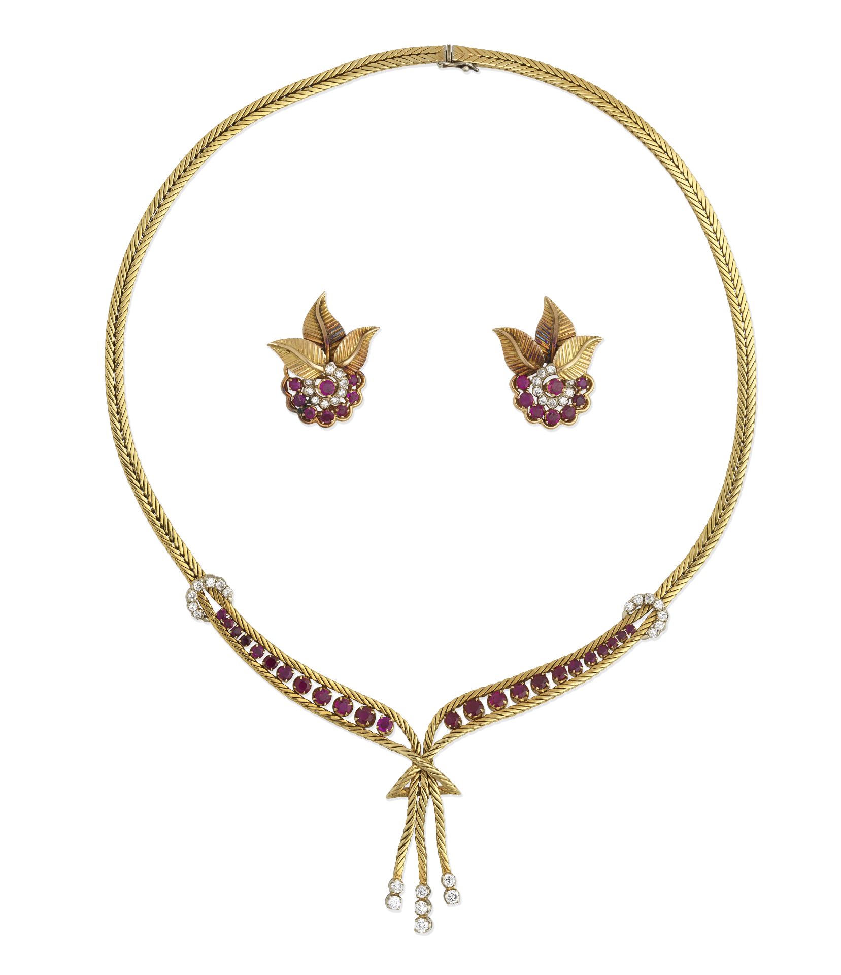 RUBY AND DIAMOND-SET NECKLACE AND EARRINGS, (2)