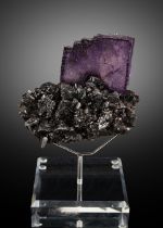 Purple Fluorite on Sphalerite on Acrylic Base