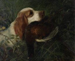George Earl (British, 1824-1908) Spaniel retrieving a pheasant