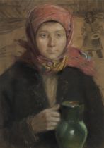 Teodor Axentowicz (Polish, 1859-1938) Hutsul girl with a green jug