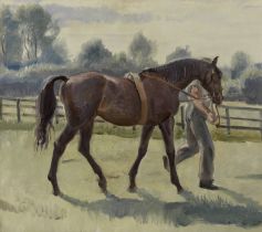 Dame Laura Knight, RA, RWS (British, 1877-1970) A study of Pay Up and his groom, 1936