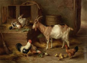 Edgar Hunt (British, 1876-1955) A goat, hens, chicks and rabbits at feeding time