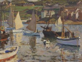 John Anthony Park (British, 1880-1962) Sailing boats in a Cornish harbour