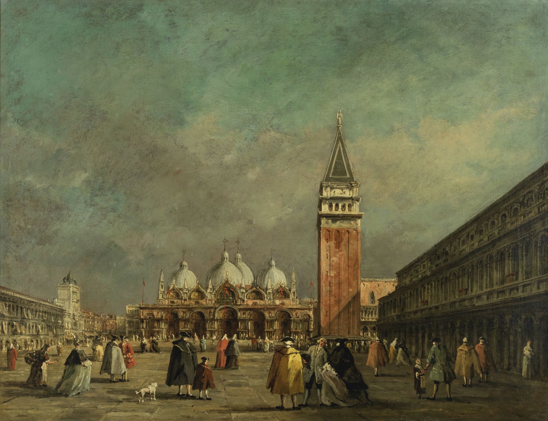 Manner of Antonio Canaletto St Mark's Square with figures in carnival costume, Venice