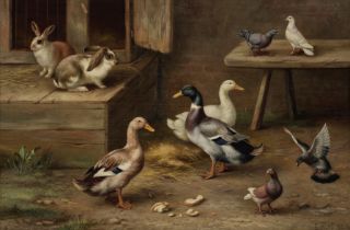 Edgar Hunt (British, 1876-1955) Ducks, rabbits and doves