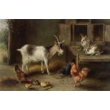 Edgar Hunt (British, 1876-1955) A goat, hens and rabbits feeding