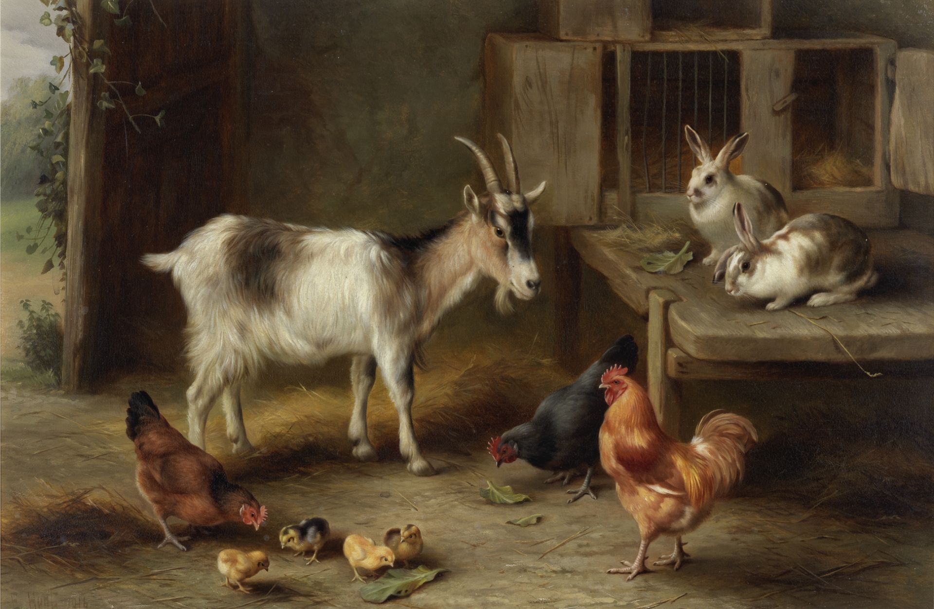 Edgar Hunt (British, 1876-1955) A goat, hens and rabbits feeding