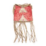 A Plains quilled hide bag size of bag 7 1/2 x 7 1/4, lg. with fringe 15 in.