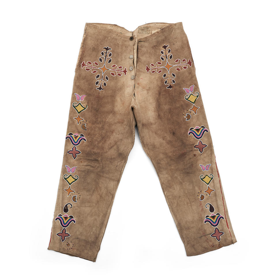 A pair of Eastern Sioux beaded hide pants lg. 39 in.