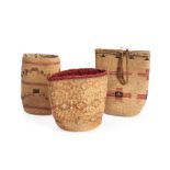 Three round Plateau cornhusk bags ht. 9 3/4, wd. 8 1/4, ht. 8 3/4, wd. 5 1/2, and ht. 8 1/4, wd....
