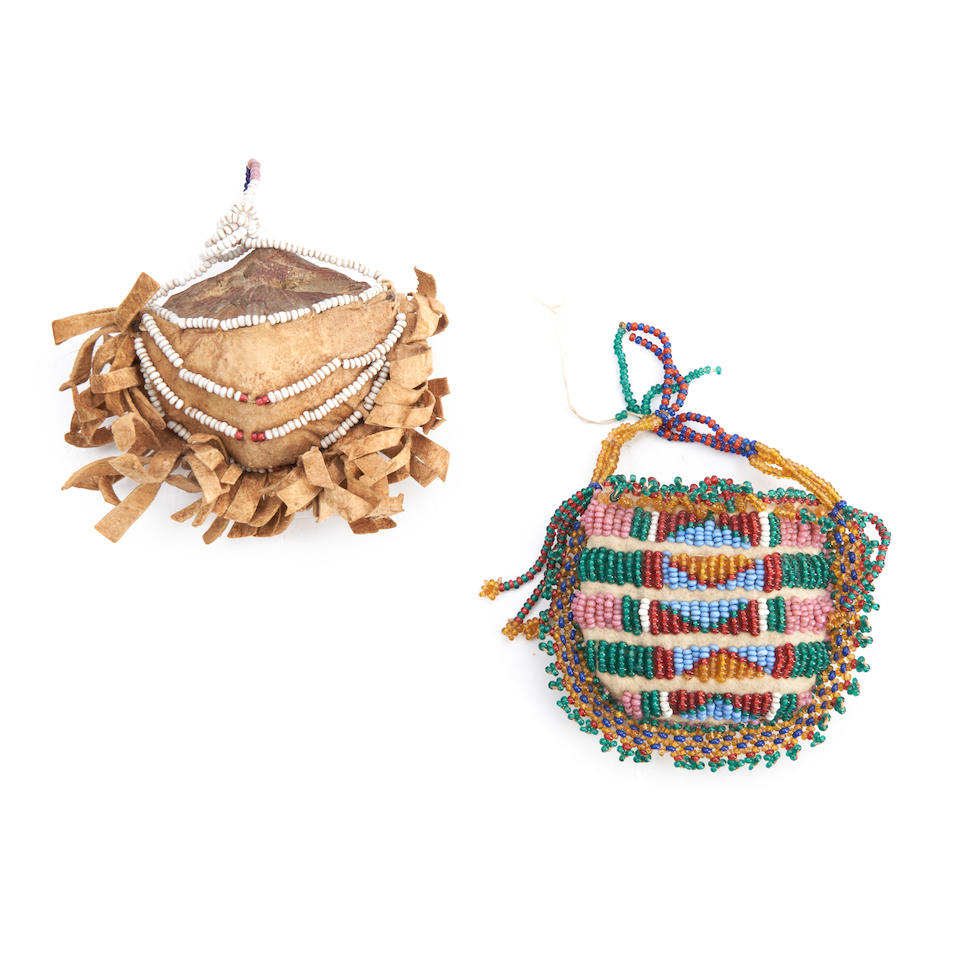 Two miniature Plains beaded hide bags 2 1/4 x 2 1/4, and 2 1/4 x 3 in.
