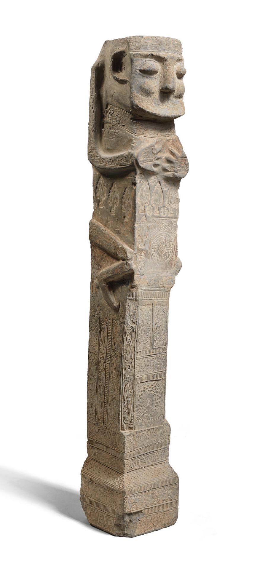 A VERY LARGE RARE GREY STONEWARE HUMAN-HEADED PILLAR Han Dynasty - Image 2 of 2