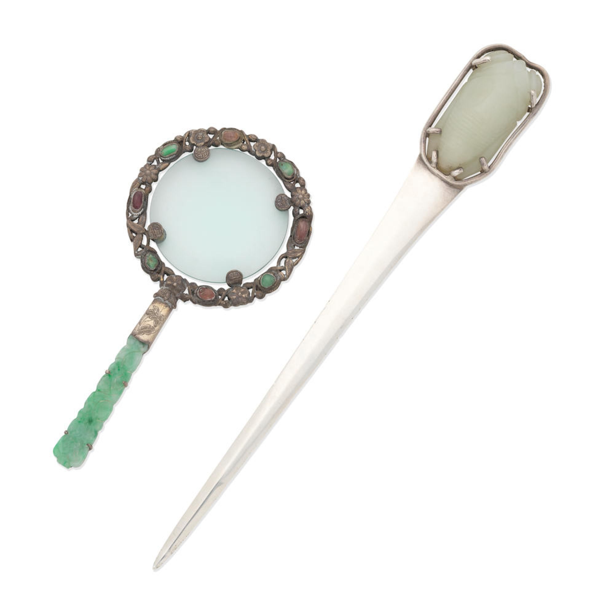 A WHITE JADE 'CICADA' LETTER OPENER AND A HARDSTONE INLAID MAGNIFYING GLASS Late Qing Dynasty (2)