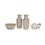 A PAIR OF CANTON FAMILLE ROSE VASES, A PUNCH BOWL AND A TEAPOT AND COVER The teapot Qianlong, th...