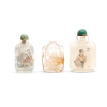 TWO INSIDE-PAINTED GLASS SNUFF BOTTLES AND A ROCK CRYSTAL 'CAT AND BUTTERFLIES' SNUFF BOTTLE One...