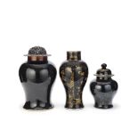 THREE BLACK-GLAZED AND GILT DECORATED VASES 18th and 19th century (5)