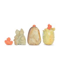 A JADE PEBBLE SNUFF BOTTLE, A JADE 'BOYS' CARVING, A JADEITE SNUFF BOTTLE AND A CORAL CARVING OF...