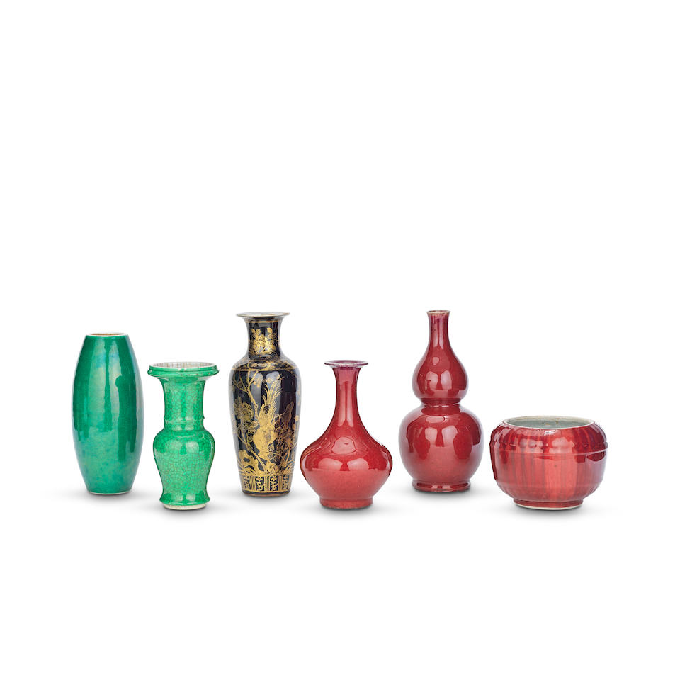 A GROUP OF FIVE MONOCHROME WARES AND A GILT-DECORATED BLACK VASE Qianlong and Yongzheng seal mar...