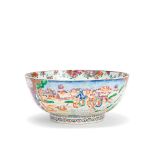 A FAMILLE ROSE 'EUROPEAN HUNTING SCENE' PUNCH BOWL Late Qianlong (2)